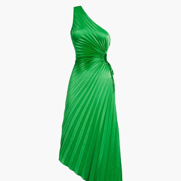 COMMENSE- Green Satin Long Cutout, One Shoulder Pleated Dress - Picture 6 of 9